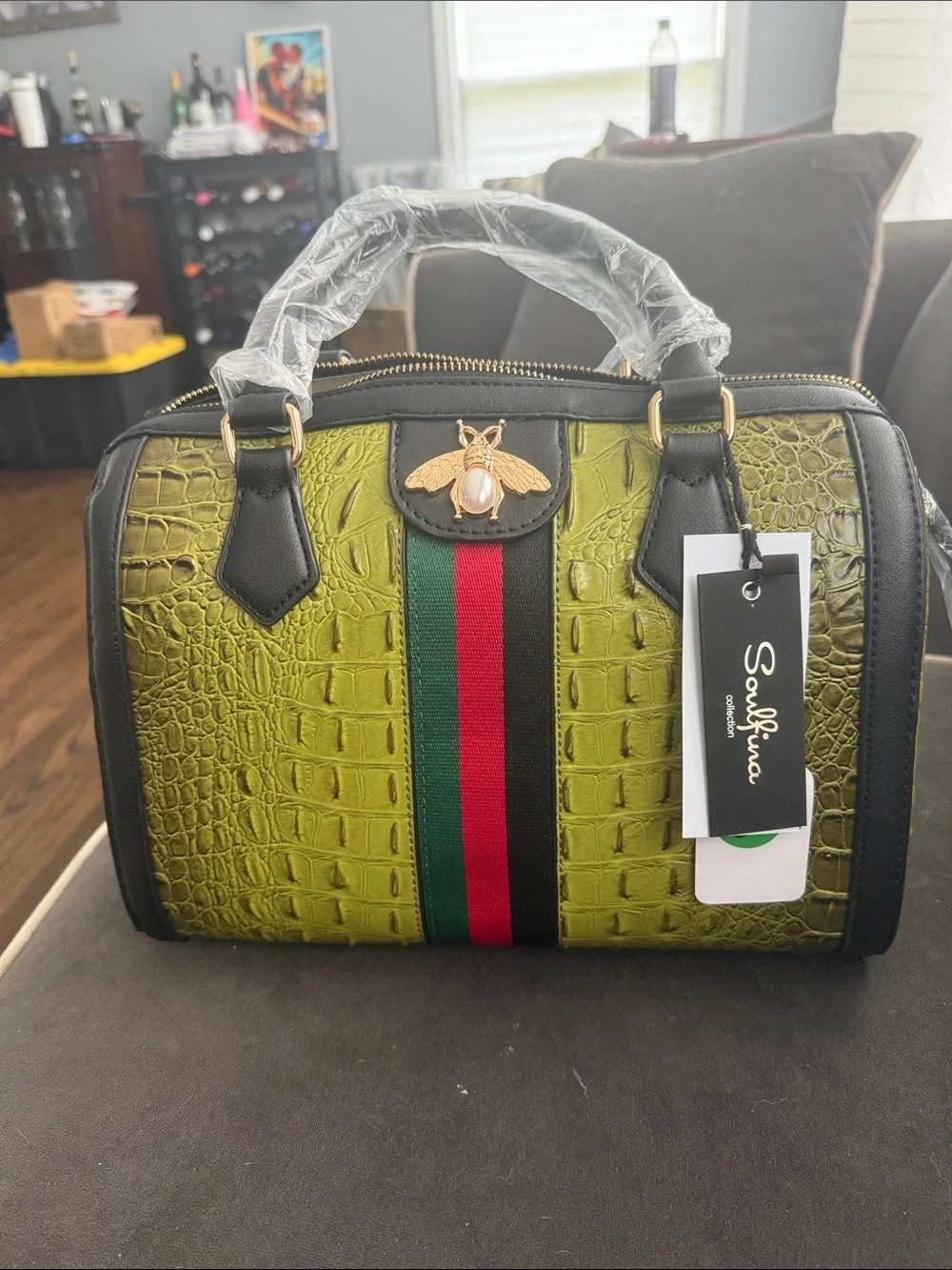 Green Croc-Embossed Satchel with Red & Green Stripe